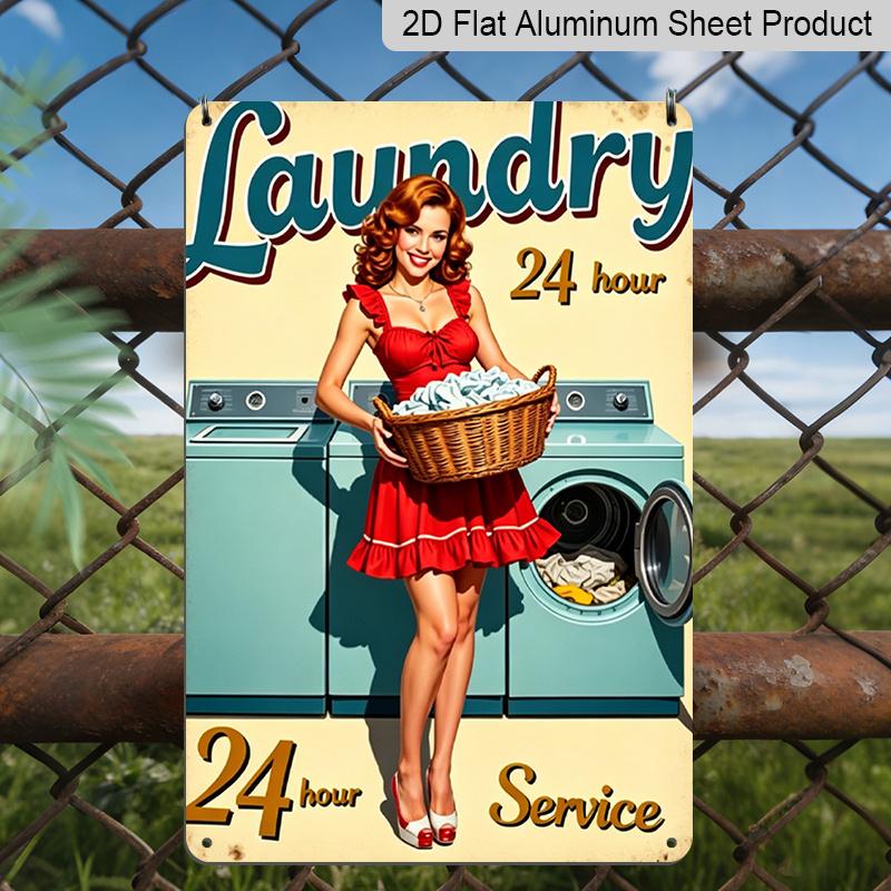 

2D Flat, Vintage Laundry 24 Hour Service Pin Up Girl Aluminum Sign - Retro Laundry Room Wall Decor Laundry Room, Utility Room, Retro Home, Vintage 20*30cm