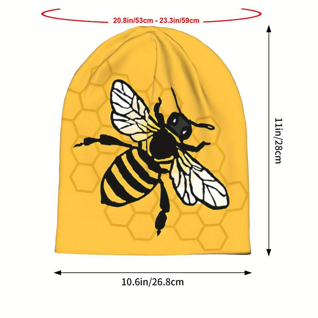 Just A Bee Men'S Knit Skull Cap - Mustard Yellow Bee & Honeycomb Design, Stretchy Comfort Fit, Trendy Novelty Beanie For Casual