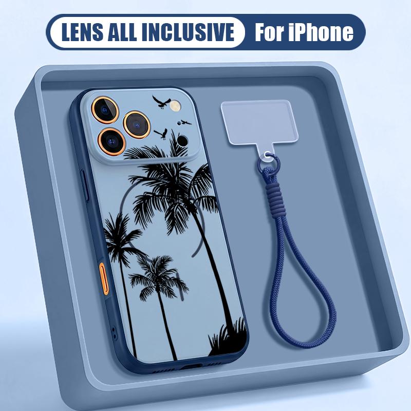Creative Coconut Sunset Pattern Hand Strap Case For iPhone 17 Pro Max iPhone 16 15 14 13 Pro Max Magnetic For Magsafe Hybrid TPU+PC Matte Cover