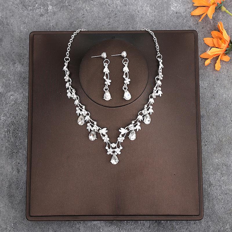 Korean Bridal Necklace & Earrings Set - Rhinestone & Pearl Wedding Accessories