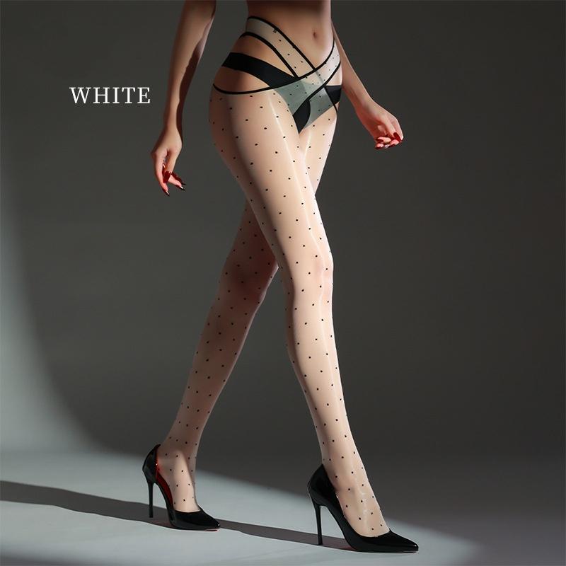 Open Crotch Dot Thigh High Stockings Sex Lingerie Pole Dance Clubwear Women Oil Glossy Transparent Underwear Pantyhose