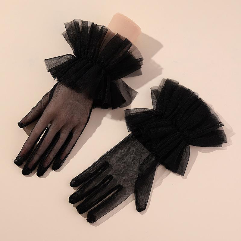 Sexy Black Ruffle Bridal Gloves Puffy Wrist Tulle Transparent Mitten Wedding Costume Accessories Short Tea Party Gloves