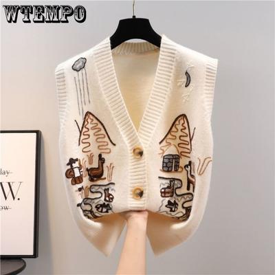V-neck Knitted Vest Women Vintage Solid Embroidery Pullover Cable Sweater New Korean Retro Spring Autumn Loose Tank Top