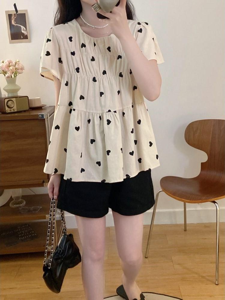 French Style Foreign Style Age-reducing Love Short-sleeved Shirt Women's Summer New Design Sense Niche Loose Pleated Top