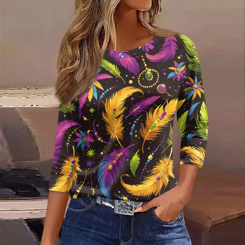 3/4 Length Sleeve Womens Tops Floral Print Vintage Fashion Casual Loose With Round Neck Plus Size Shirts