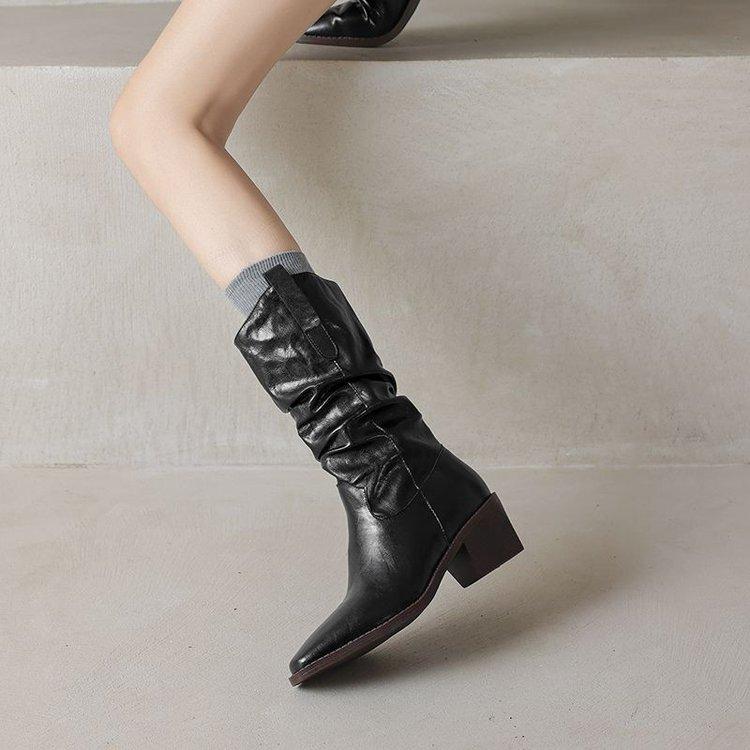 Skórzane botki w stylu Maillard damskie jesienno-zimowe botki na obcasie botki średniej wysokości buty rycerskie gruby obcas kowbojki westernowe