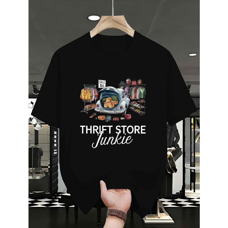 

European sizes Plus Size Men S THRIFT STORE JUNKIE Graphic T-Shirt - Casual Crew Neck, Short Sleeve, Geometric Pattern 4XL