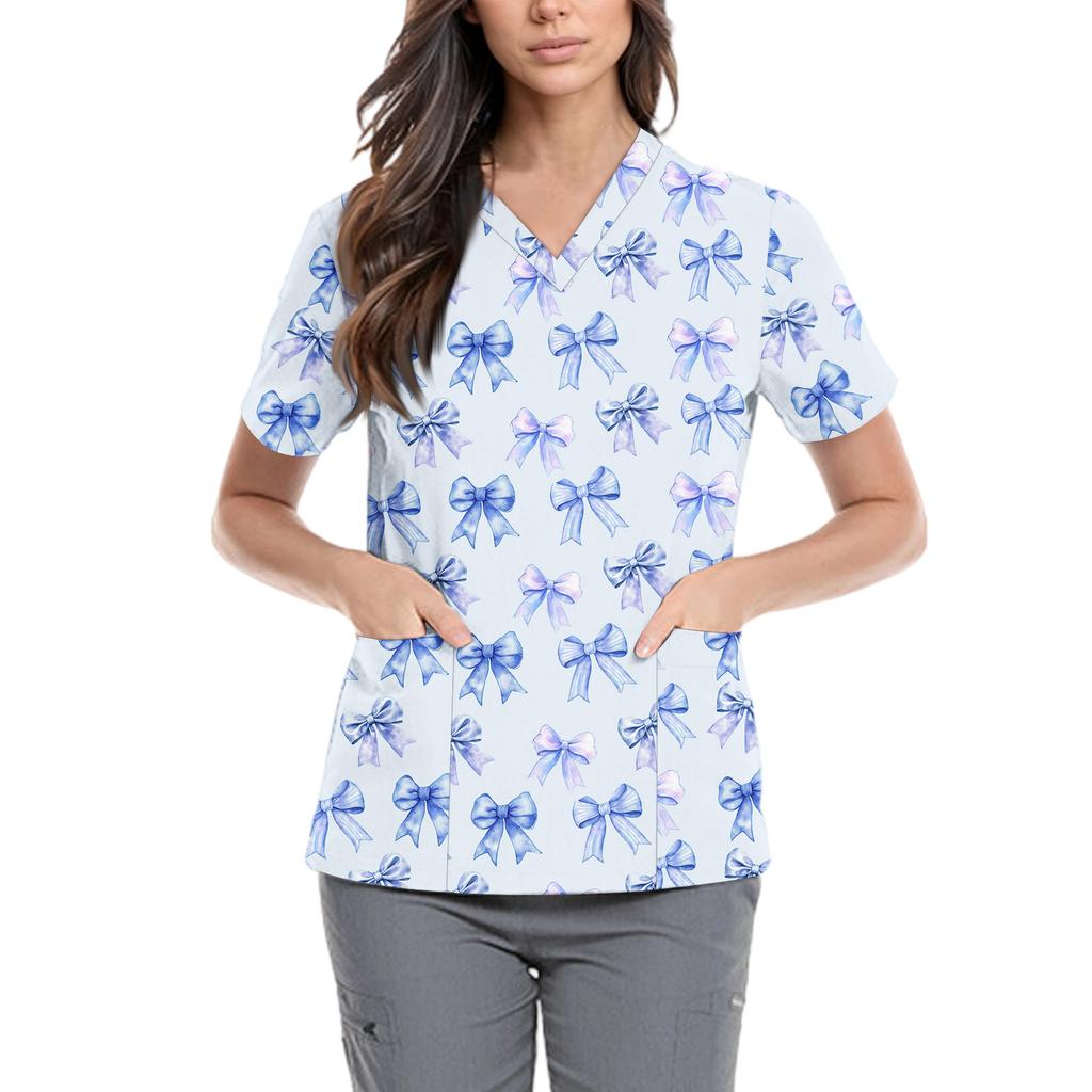 Women's Cute Bow Printed Work Clothes V-neck Double Layer Pockets Basic Short Sleeve Top Pullover