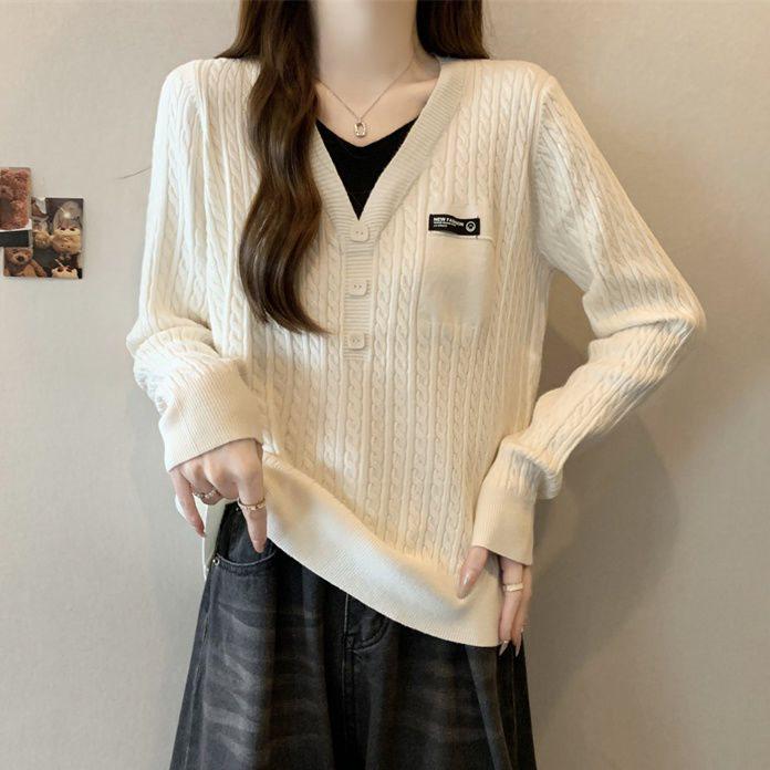 

Women s Faux Two-Piece Cable Knit Sweater Top for Autumn/Winter: Slim & Loose Fit 2XL (Recommended 130-160 jin) чёрный