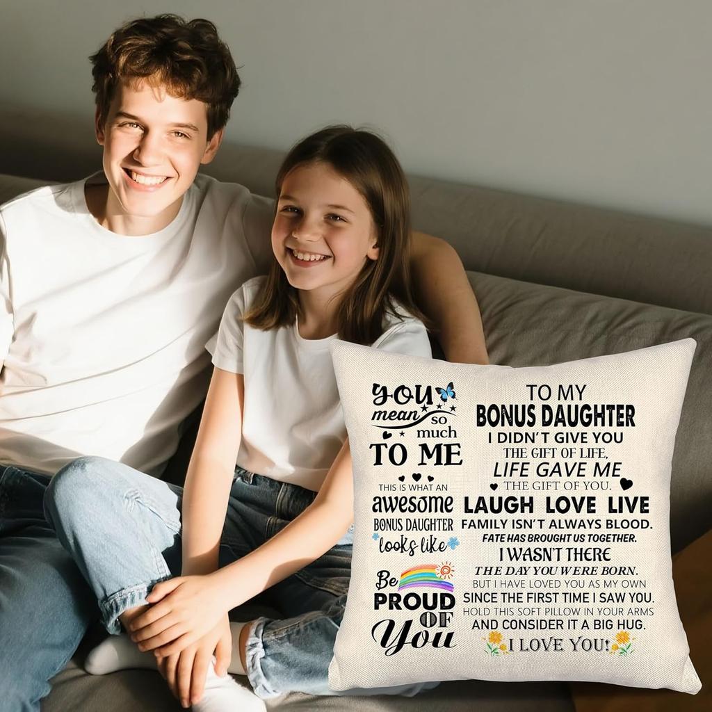 To My Bonus Daughter Gift Ideas Throw Pillow Covers for Bonus Daughter from Bonus Mom Bonus Dad Birthday Graduation Thanksgiving