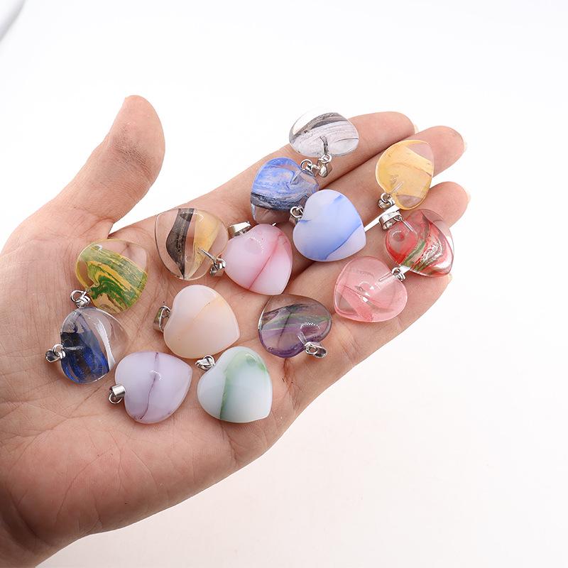 Heart-Shaped Crystal Glass Pendant Necklace with Colorful Natural Stone Accents