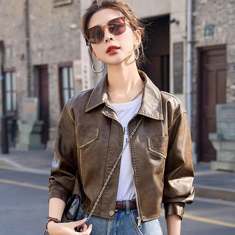 

Кожаная куртка в гонконгском стиле для женщин, новый стиль, стильный дизайн, кожаная куртка в стиле ретро для мотоциклистов, короткий топ для невысоких людей 2XL