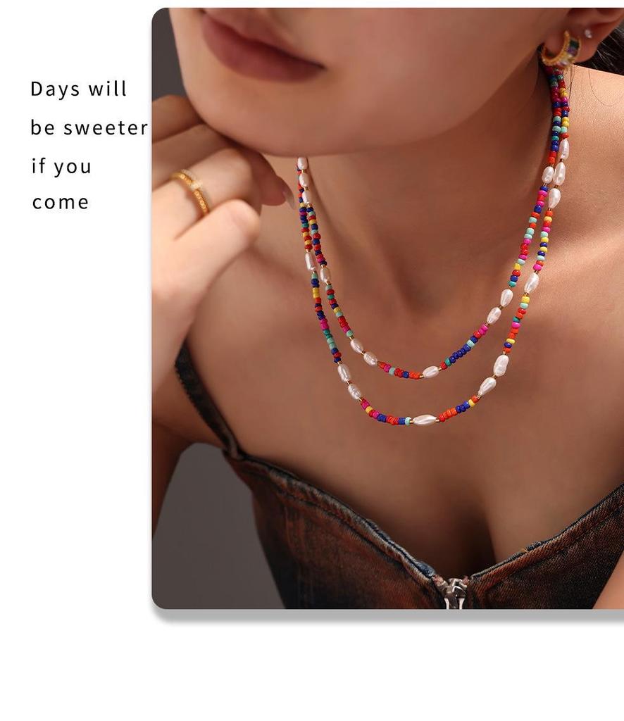 Bohemian Multi-Color Beaded Necklace with Glass Stones and Freshwater Pearls for Women