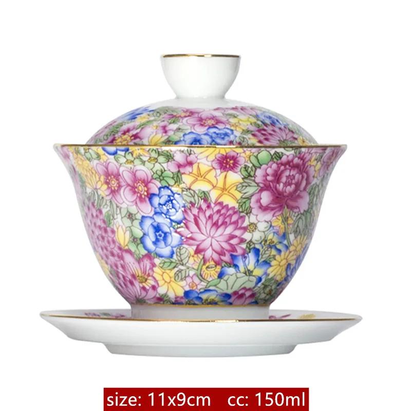 

170/150 Ml Enamel Color Ceramics Gaiwan Tea Cup Chinese Tea Cups with Lid Hand Drawing Lotus Porcelain Tea Infuser Drinkware