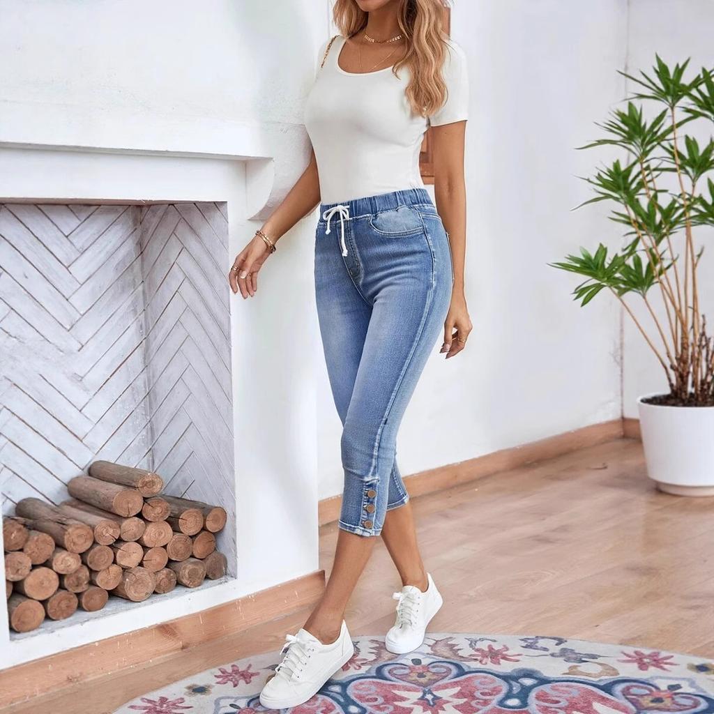 Women Denim Jeans Drawstring Waist Calf-Length Stretch Jeans Skinny Slim Pencil Pants