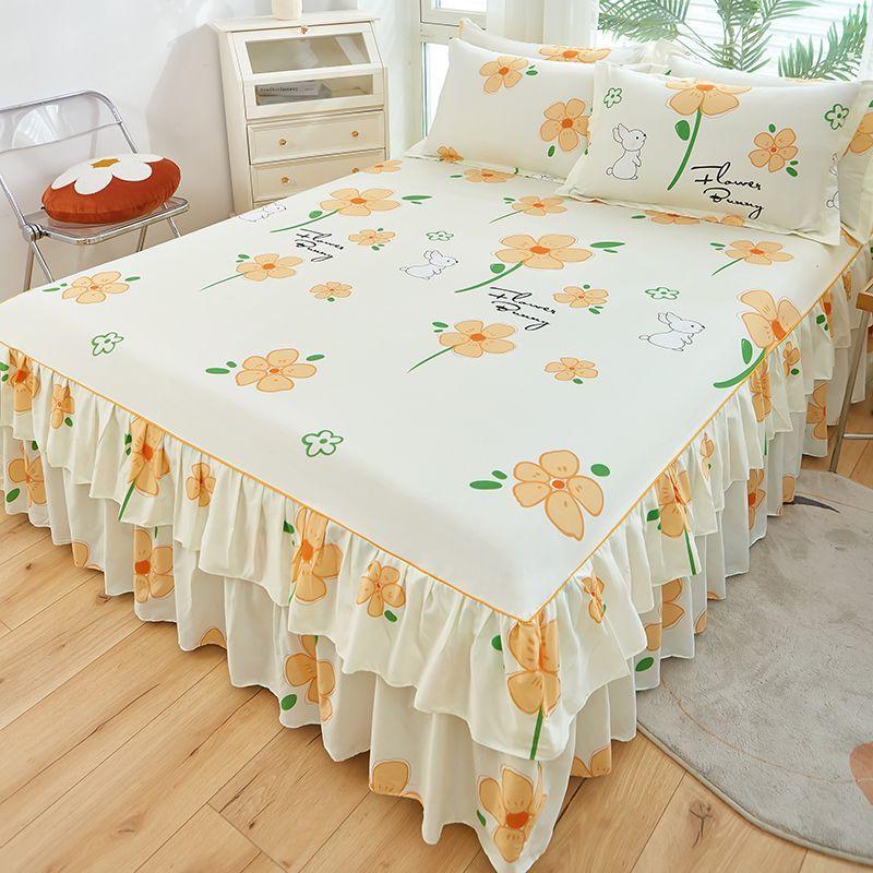 Floral Pattern Bed Skirt Set Mattress Anti Slip Protective Cover for Household Bedding Double Layered Skirt Dustproof Bed Cover