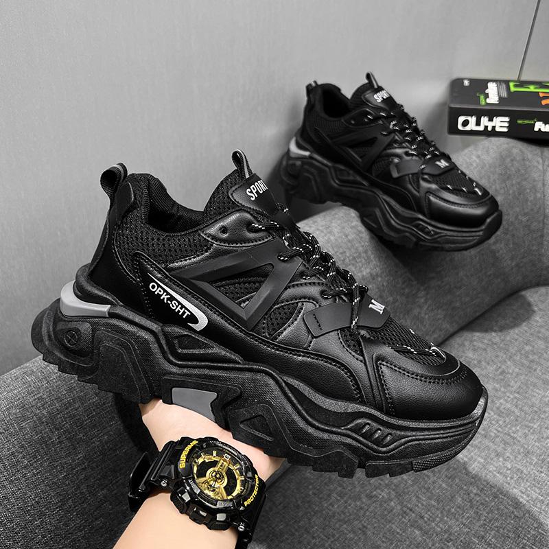 

2025* Мужские всесезонные повседневные спортивные туфли на шнуровке на толстой подошве, увеличивающие рост, однотонные, из дышащей сетки, удобные 44 чёрный