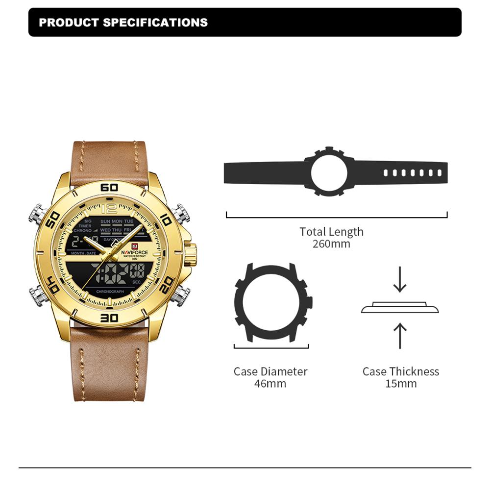 Naviforce Men's Leather Chronograph Quartz Watch Calendar Date 3ATM Waterproof Night Pattern Luminous Pointer Multifunctional Men's Watch NF9253L
