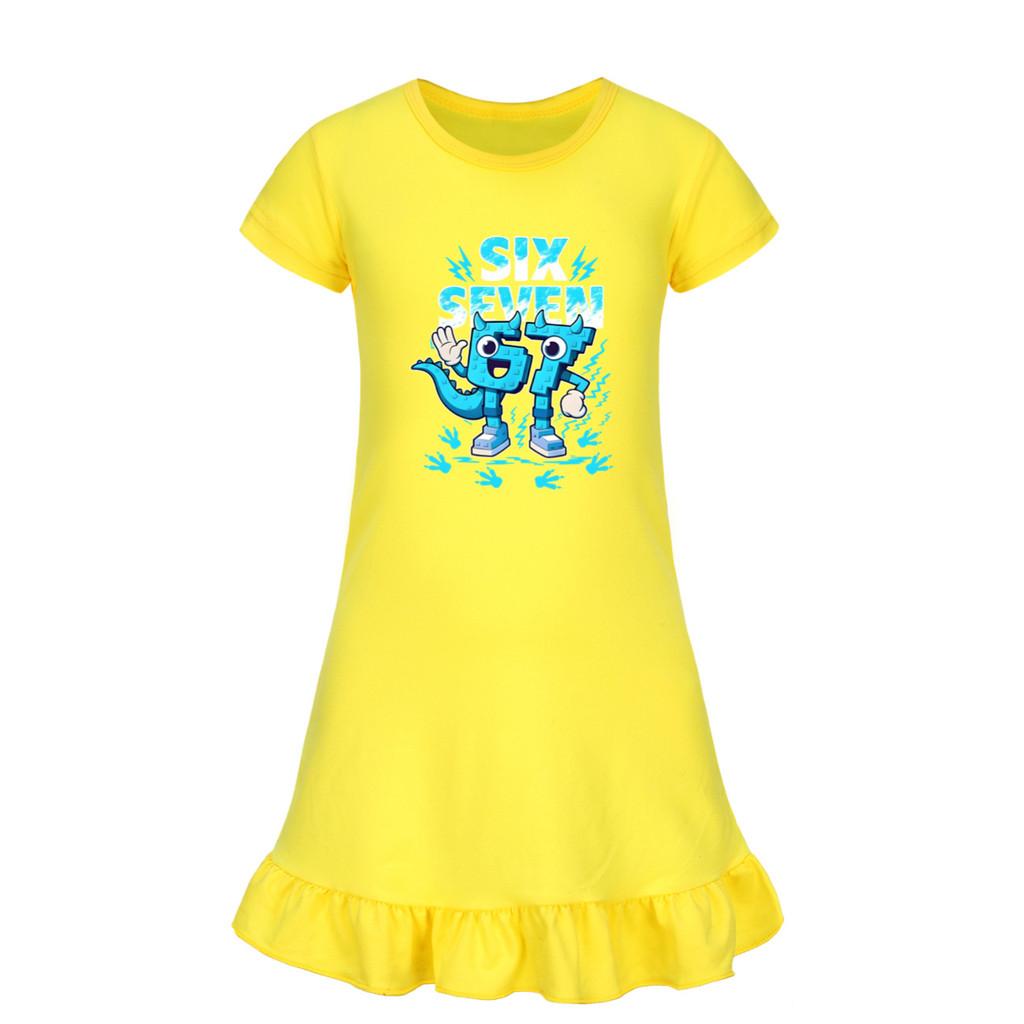 5192 Kids Girls Steal a Brainrot 67 Six Seven Printed Ruffle Short Sleeves Casual Dress