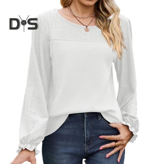 Women Tops Round Neck Puff Long Sleeve Solid Color Tee Shirt with Waffle Decoration Solid Color Loose Fit T-shirt