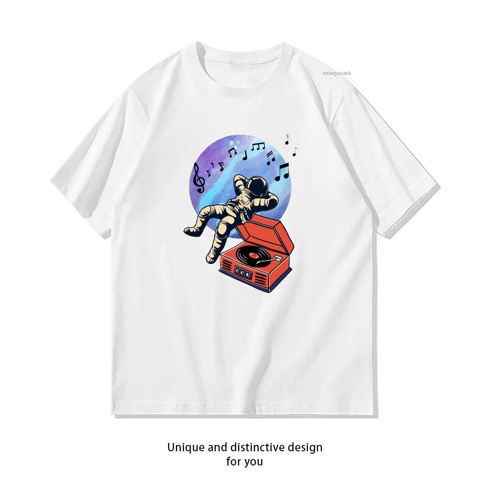 Kosmischer Sound Astronaut Vinyl T-Shirt Damen Unisex Lässig Baumwolle Grafik T-Shirts Klassisches Rundhals-Shirt Ropa De Hombre