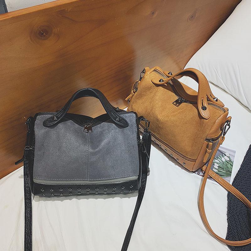 Women Bag Autumn Winter PU Bucket Rivet Vintage Patchwork High-Capacity Shoulder Bags Handbag Women Messenger Bags