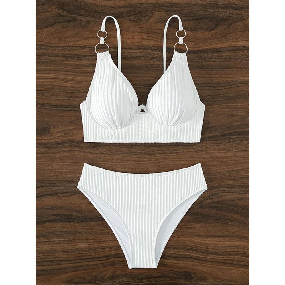 Sexy White Bikini Sling Rings Push Up Swimsuit High Waisted Vacation Swimwear Ribbed Beach Bathing Suit Women 2 Piece Set Outfit