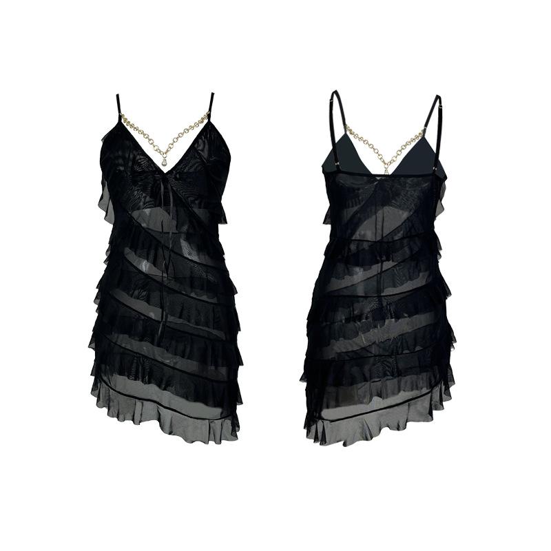 European and American women's chain decorative sexy mesh suspender dress multi-layer ruffle edge hip skirt 891