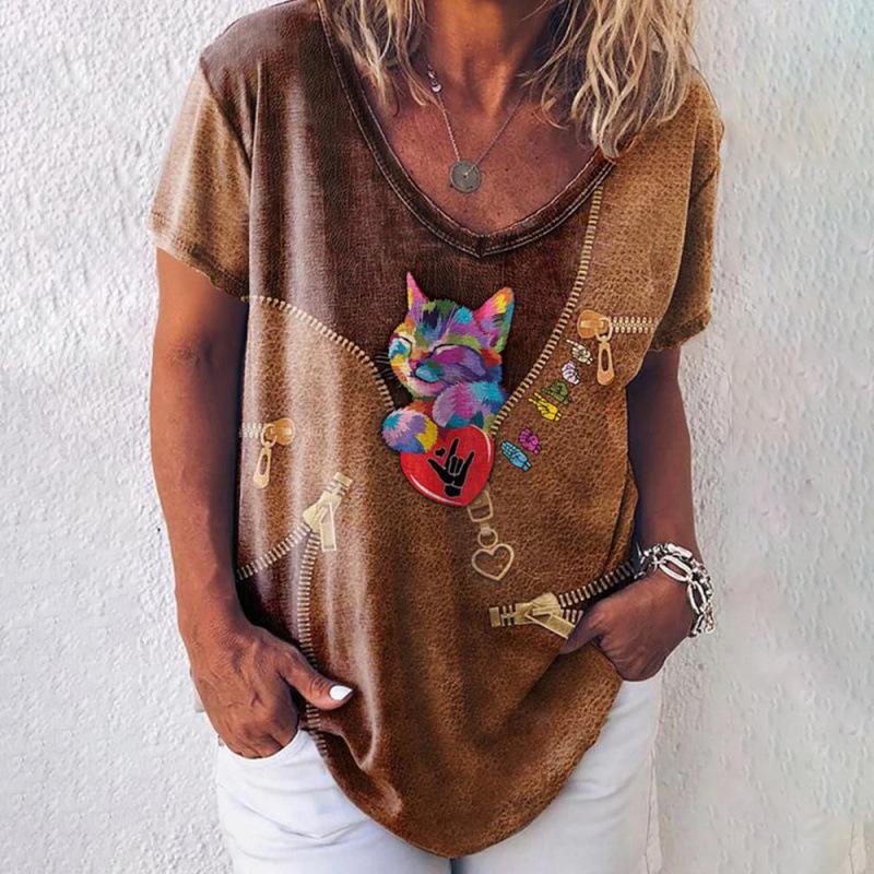 

Летний топ с V-образным вырезом и принтом 3D Cute Cat, модные повседневные женские футболки с короткими рукавами S