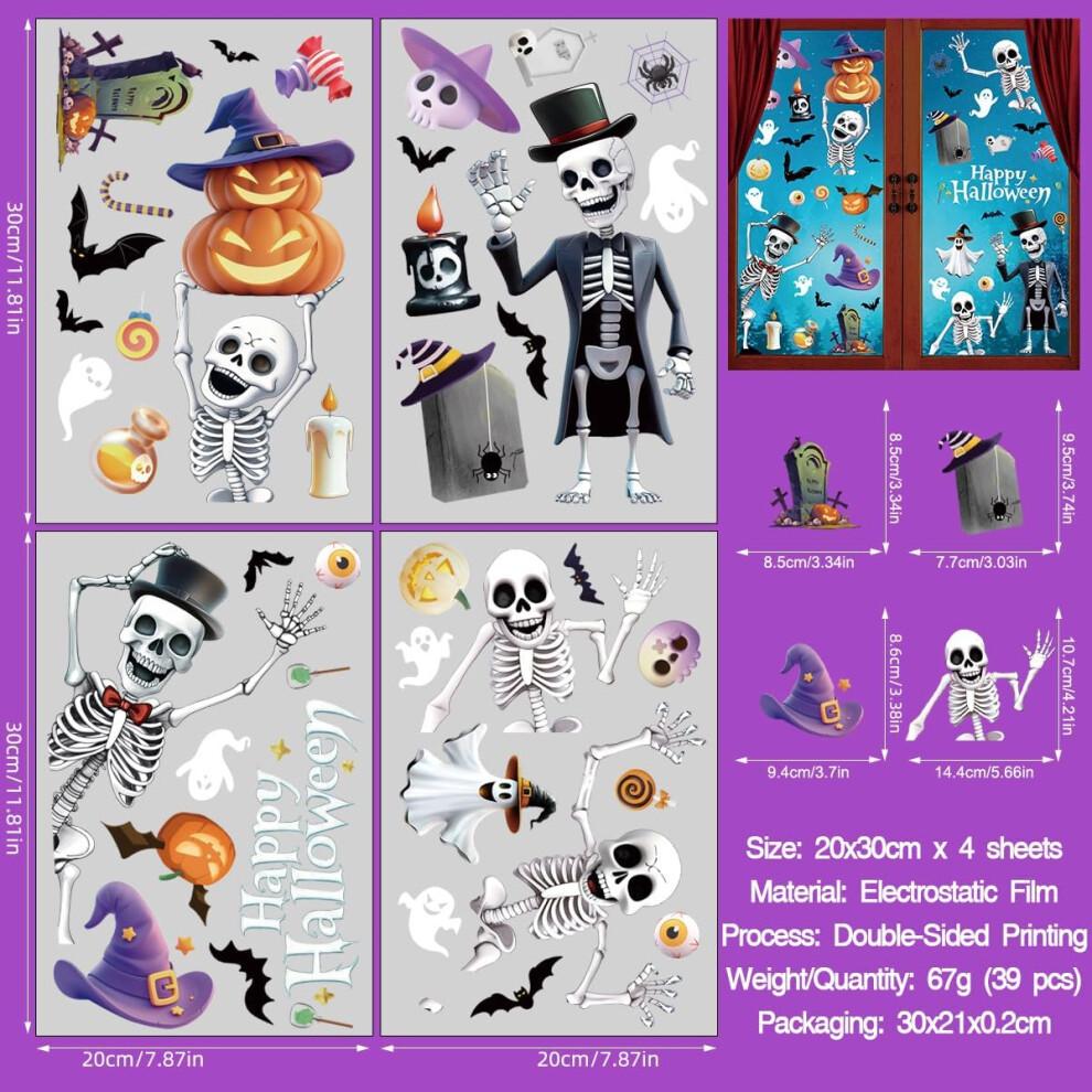 Halloween Static Window Clings 39-Piece Double-Sided 3D Skeleton Bat Decor For Glass, Walls, Doors Reusable Party Decals