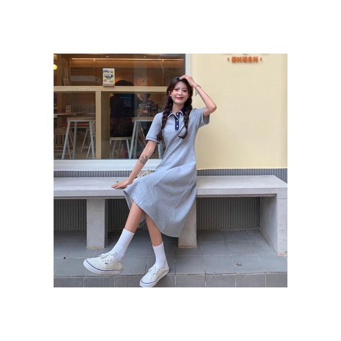 Academy style splicing button color matching polo collar dress high-end temperament women's A word medium and long dress