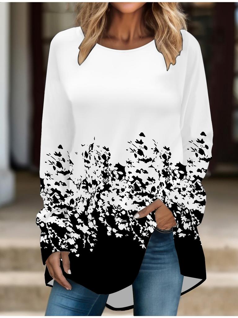 Plus Size Women Spring Render Printed Comfy Long Sleeve Round Collar T-shirt Casual Baggy Mid Length Tee Tops