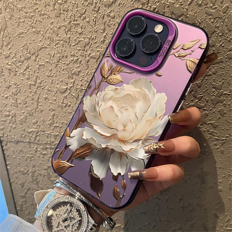 Gold Lotus Flower Electroplate Silver IMD Phone Case For iPhone 16 Pro Max 11 12 13 14 15 Pro 16E 7 8 Plus X XS Shockproof Cover