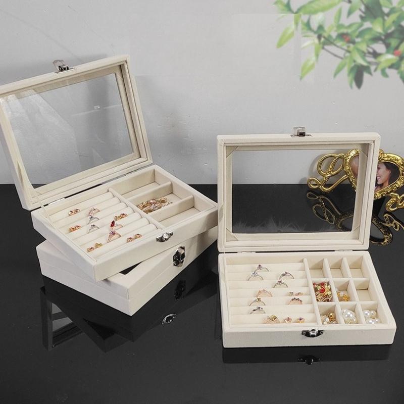 Jewelry Storage Box Velvet Earring Display Glass Jewelry Ring Organizer Holder Storage Case Slots
