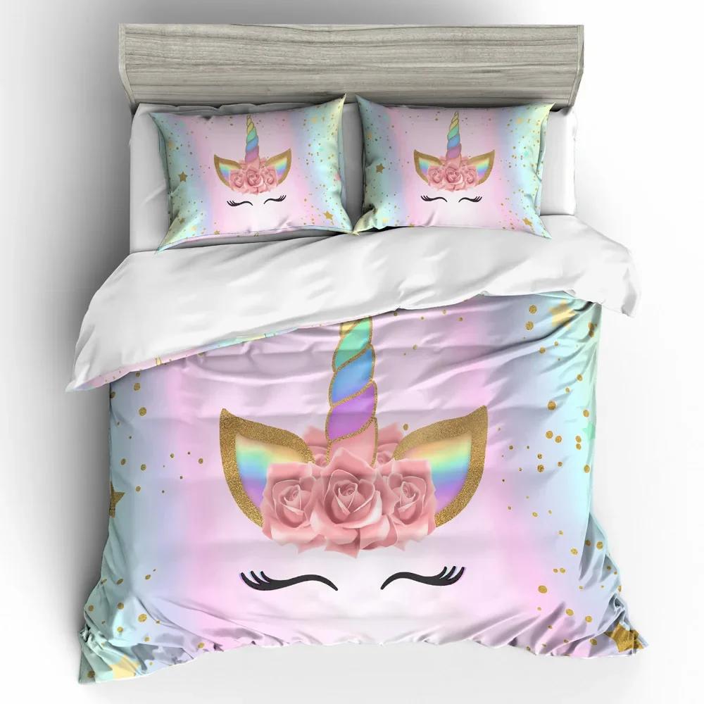 

Comforter Girls Unicorn Full Queen Size Comforter Kids Bedding Set Cartoon Soft Microfiber Pink Rose Comforter (quilt)-EU Single(135*200cm)3pcs