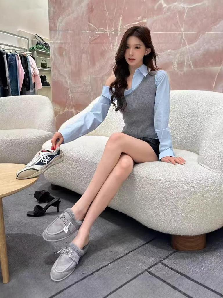 Nanyou Family Edition: Early Spring Off-the-Shoulder Shirt & Knit Vest Layered Two-Piece Set