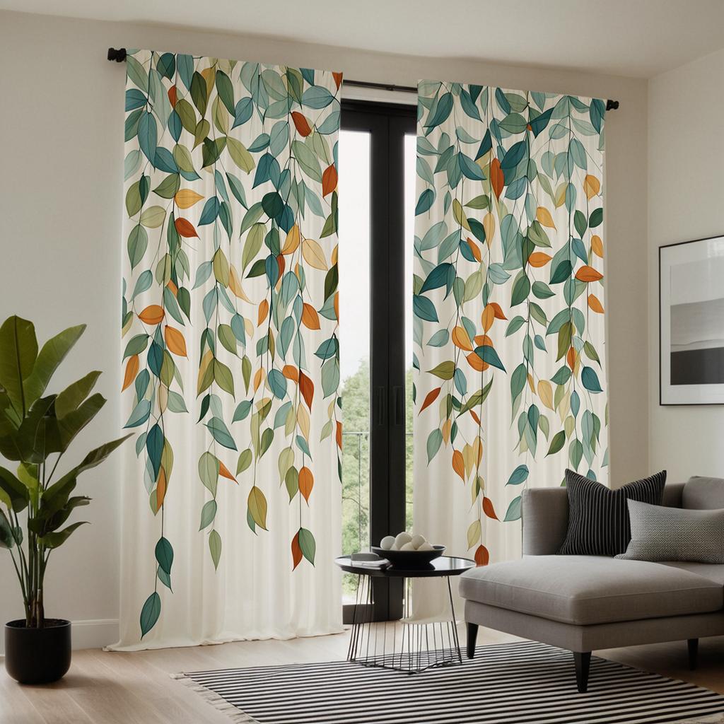 2 Stück HD digital grüne Farbe kleine frische grüne Blätter Vorhänge Heimdekorationsstil Dekoration Wohnzimmer Schlafzimmer Stangendurchzug