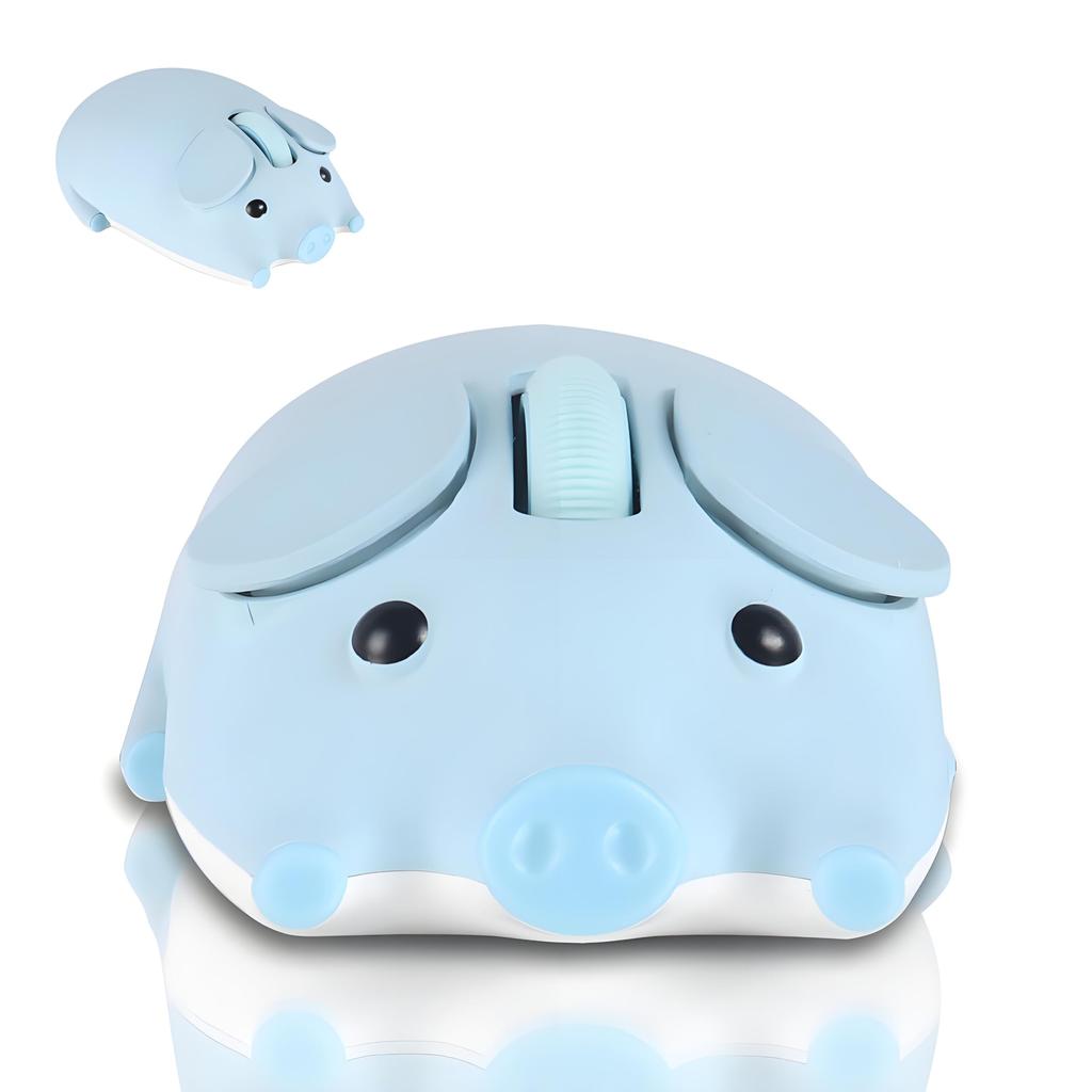 Cute, quiet, 2.4GHz wireless Bluetooth mouse in a piglet design. Connects two devices simultaneously. Cordless with USB receiver. Compatible with