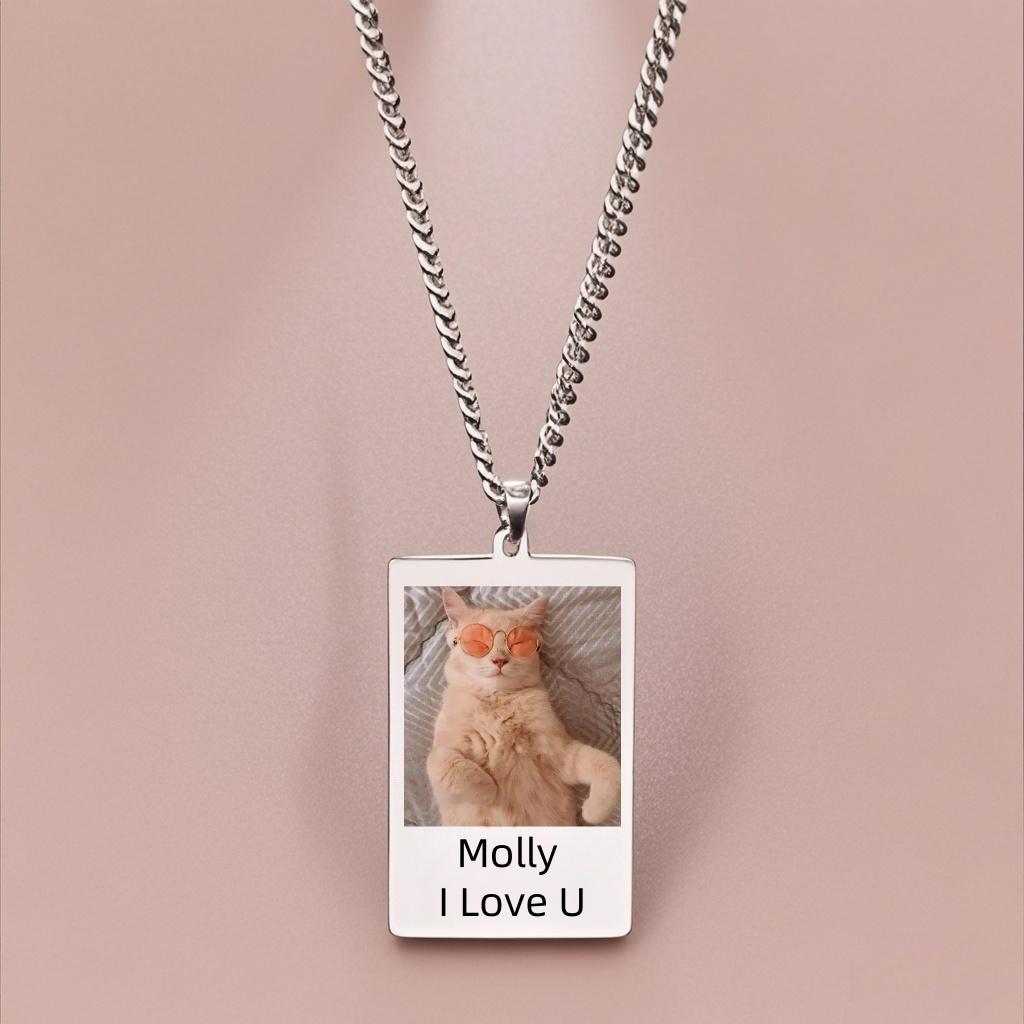 Jeshayuan Personalised Photo Necklace Custom Picture Engrave Text Necklace for Boy Girlfriend Pet Memorial Anniversary Gift