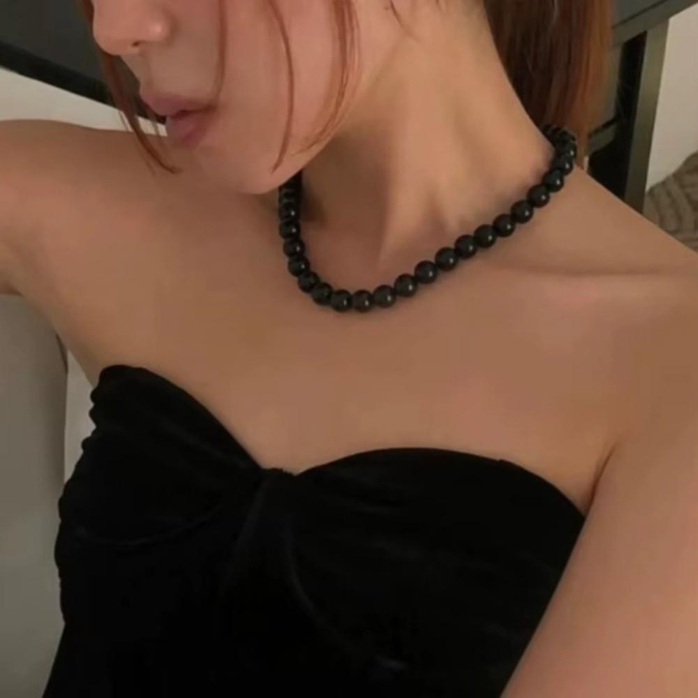 Copper Gold Black Agate Necklace Silver Plated Coin Buckle Chokers Imitation Pearl Necklace Women