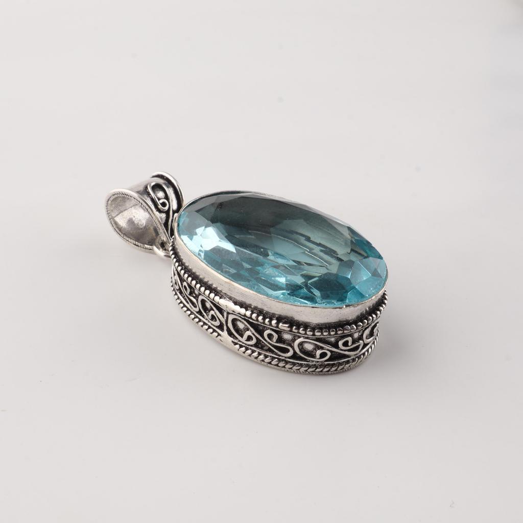 Sky Blue Topaz Gemstone 925 Sterling Silver Jewelry Designer Oval Pendant 1.8" For Birthday Gift PP-71-2