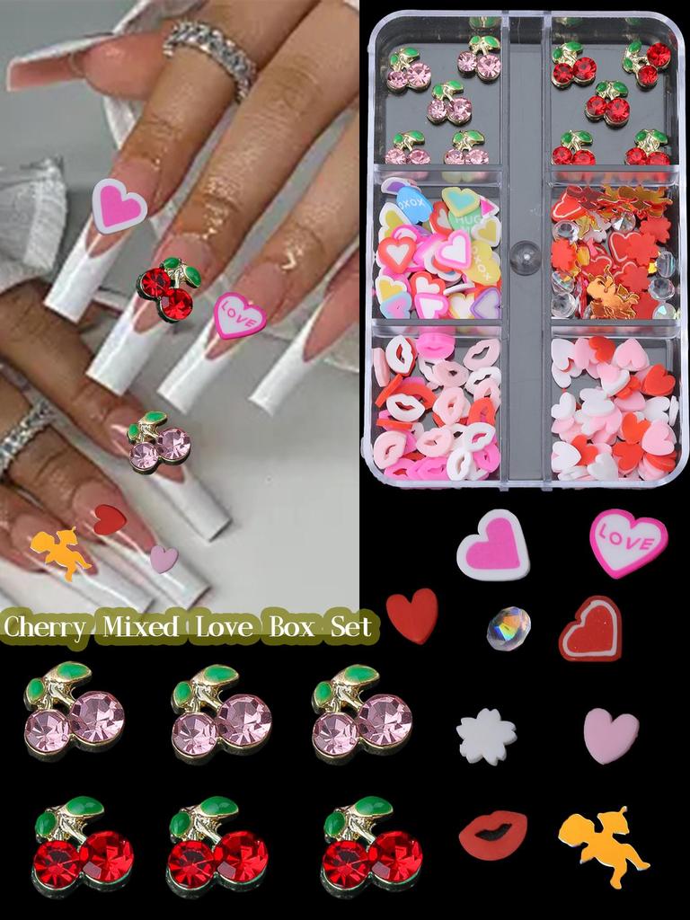 Gold Cherry Resin Heart Mouth Flower Nail Charms 1Box DIY 3D 2025 Gift For Girls