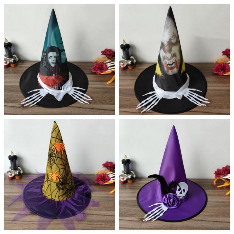 Halloween Witch Caps for Adult Unisex Veil Spiders Wizard Hat Roleplaying Pointed Hat Theme Party Family Gathering Hat