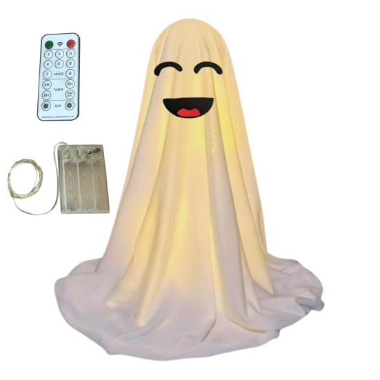 LED svítící figurka ducha Halloween Vnitřní dekorace ducha z bílé látky s dálkovým ovládáním pro domov, kuchyň, krbovou římsu, stůl, stolní desku, party dekorace