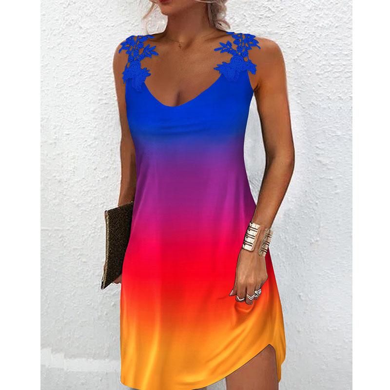 

Women V Neck Lace Dresses Sexy Summer Sleeveless Mini Dress