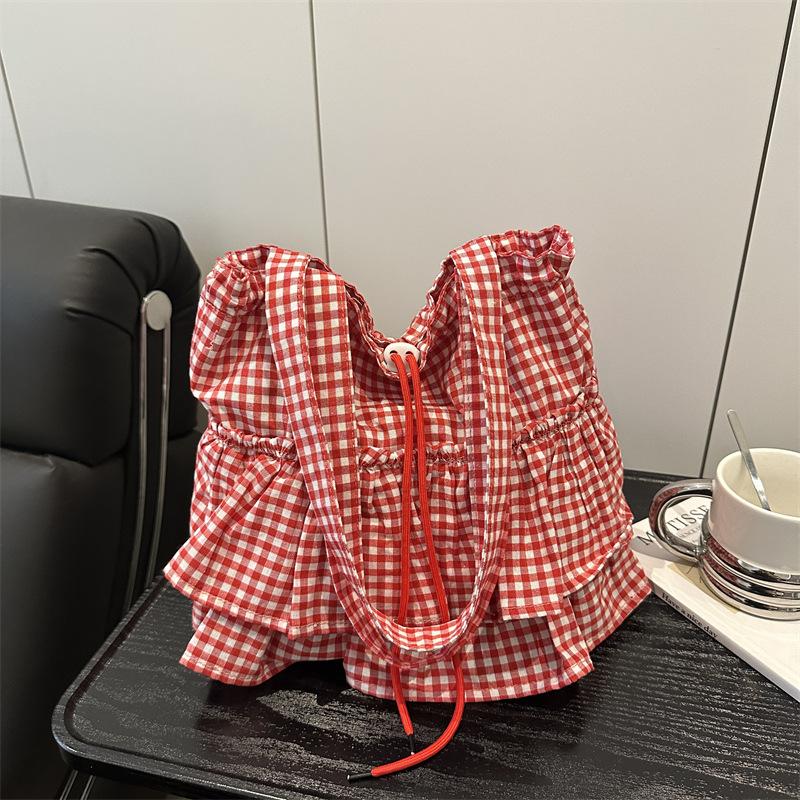 Cute Plaid Cotton Tote Bag Large Capacity Ruffle Handbag Large Capacity Shoulder Bags  Sweet Commuting Bag For Women Gift