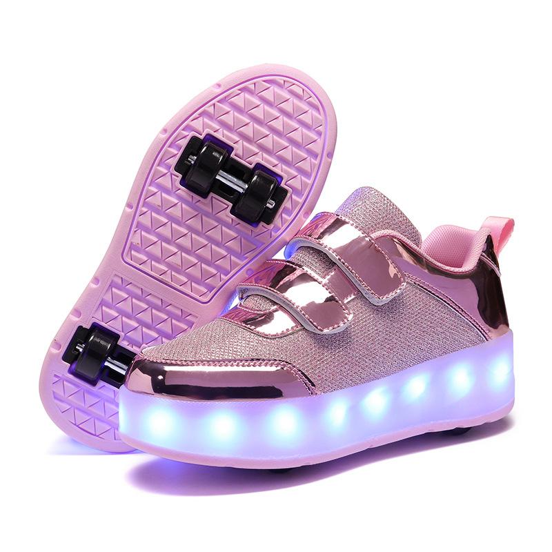 New Runaway Shoes, Girls Four-wheel Pulley Shoes USB Charging Luminous Shoes Skates Invisible Wheels Shoes Double Wheels