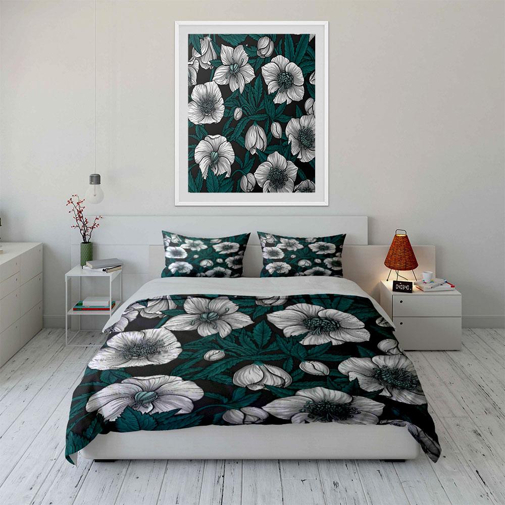 White flowers and green leaves Print Bedding Set 1 Duvet Cover 2 Pillowcases for Adult and Children Luxury Gift Full Size