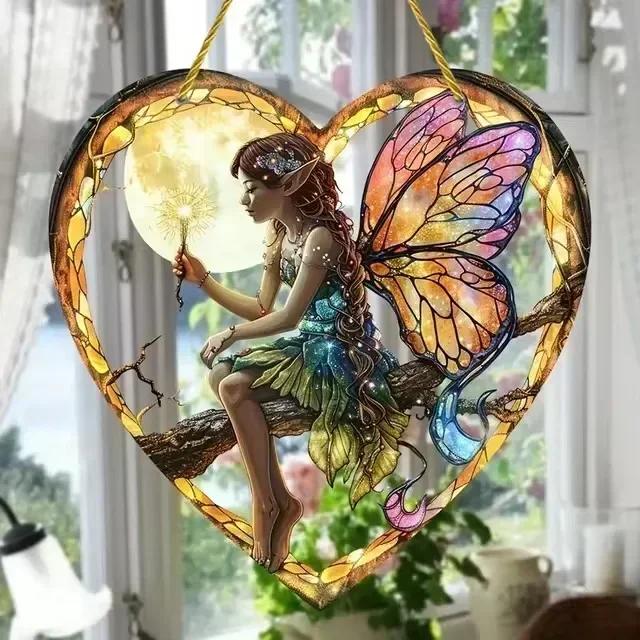 New 1pcs Magical Fairy Magic Night Fairy Suncatcher Stained Glass Acrylic Heart Wall Hanging Home And Garden Outdoor Decor