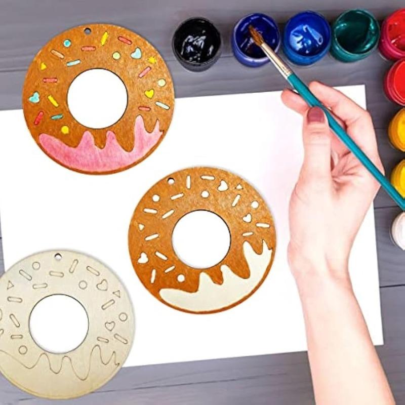 10pcs Unfinished Wood Donuts Wood Cutouts for DIY Crafts Wooden Donuts Shaped Hanging Ornaments with Hole Hemp Ropes Gift Tags